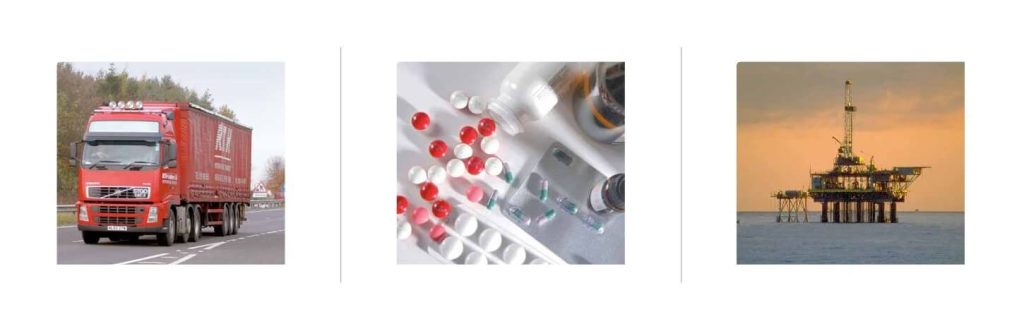 Images of a freight truck, pharmaceuticals, and an oil rig